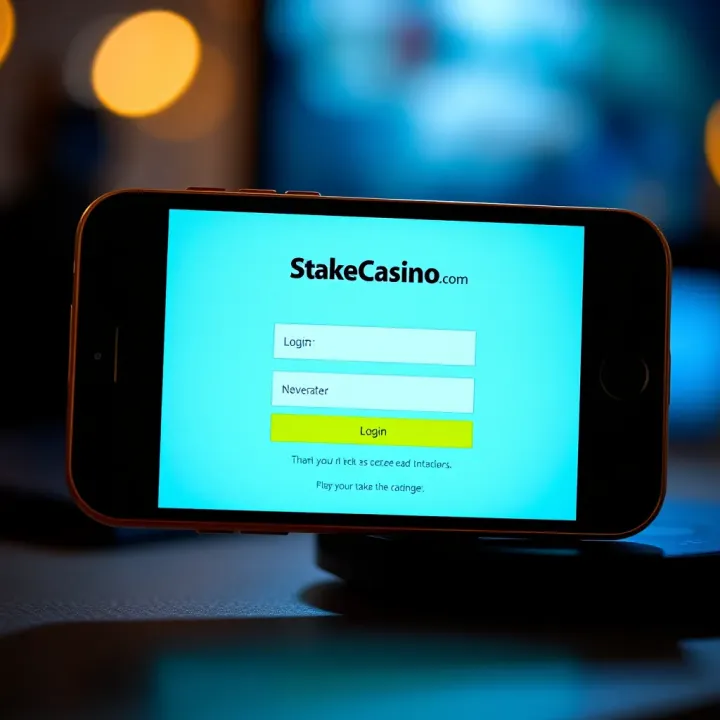 Vintage mobile phone displaying the classic StakeCasino login screen with simple interface and basic navigation options