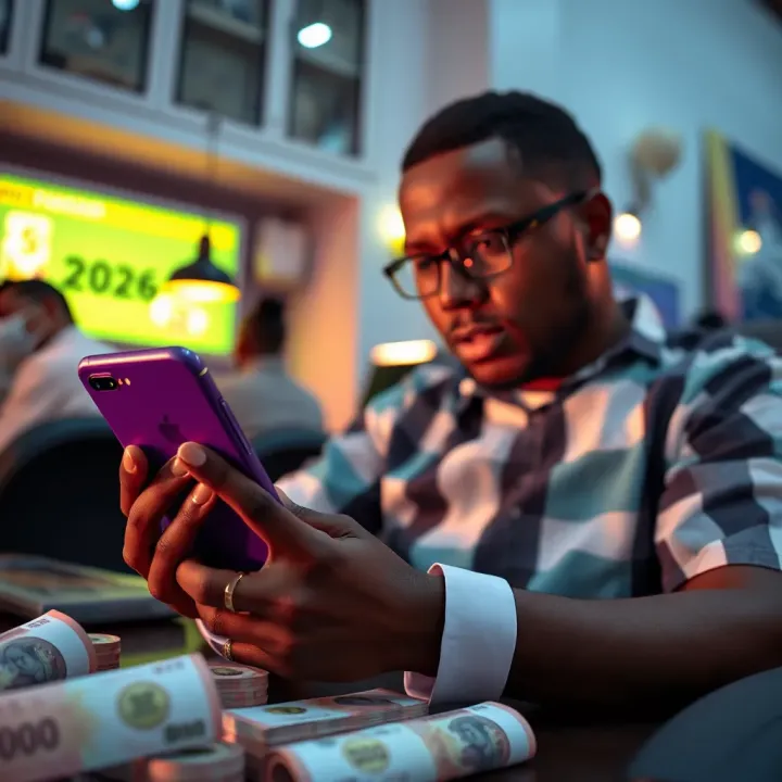 Illustration of a person discovering bonus codes on a mobile device with Nigerian currency symbols around