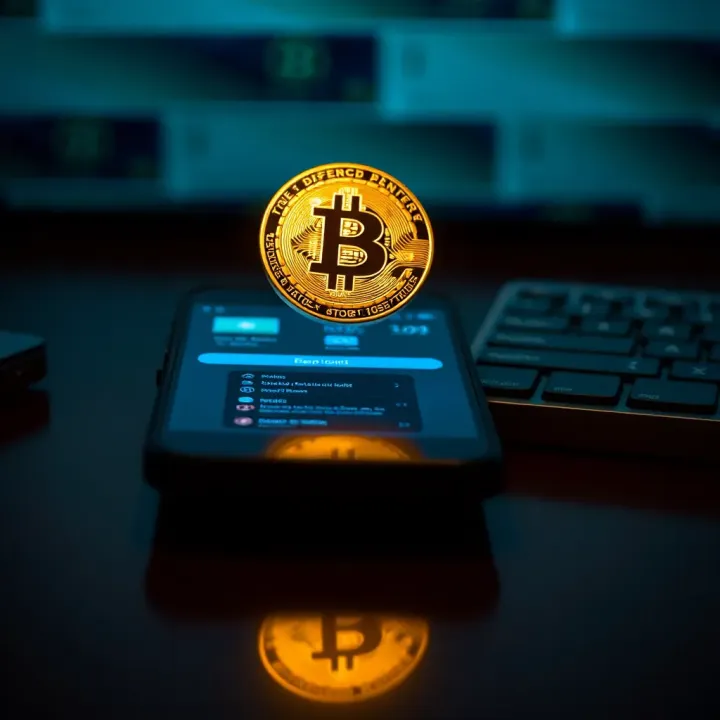 Bitcoin symbol glowing above a digital wallet interface on a smartphone screen