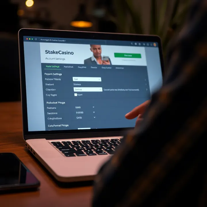User navigating StakeCasino account settings on laptop screen