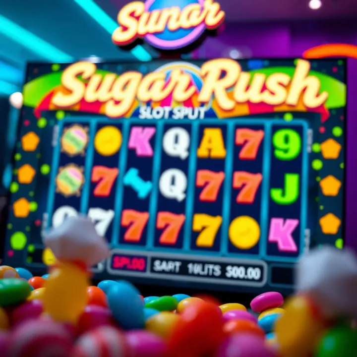 Colorful candies and game interface of Sugar Rush slot on StakeCasino showing reels and symbols
