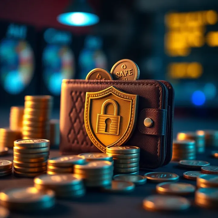 Illustration of a secure wallet with coins and a shield symbolizing smart bankroll management and safe gambling practices