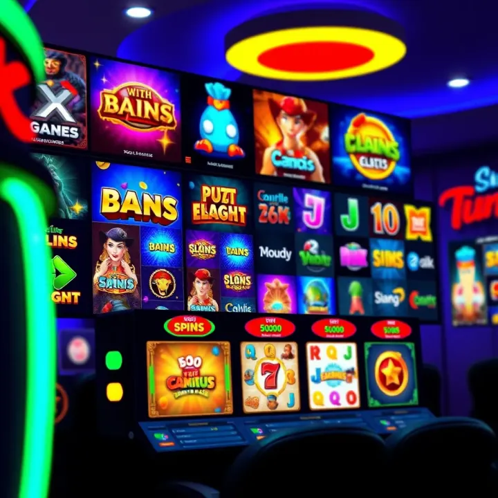 Colorful casino interface showing variety of slot games with bright graphics and engaging designs