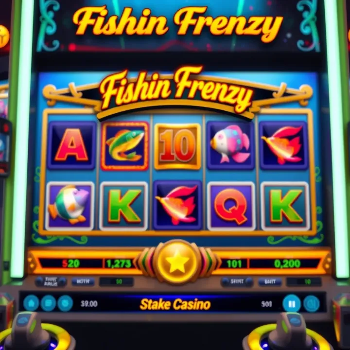 Fishin Frenzy slot game interface showing fishing-themed symbols and reels on StakeCasino platform