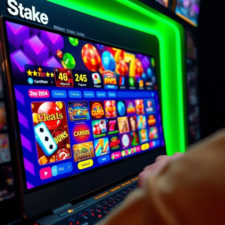 Colorful online casino interface with various game icons and vibrant graphics