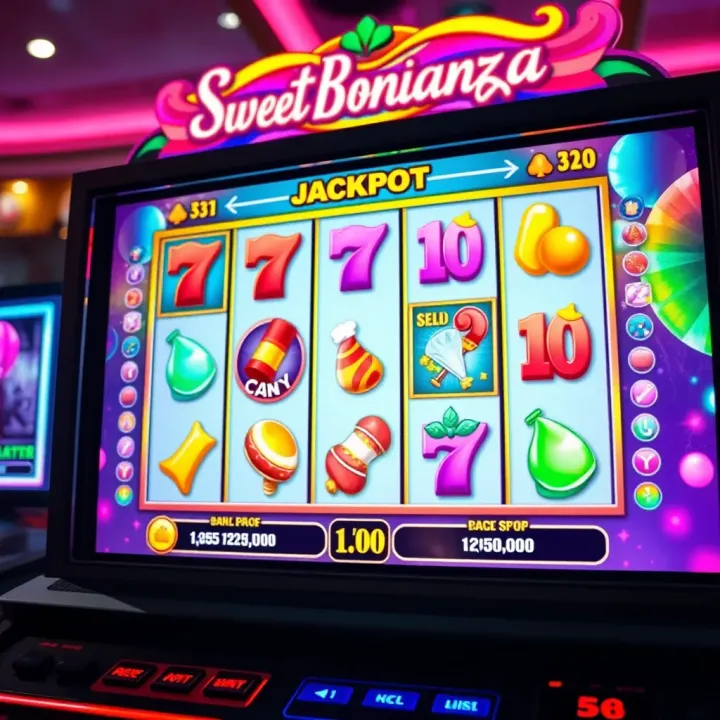 Colorful Sweet Bonanza slot game screen with vibrant candy symbols and jackpot display