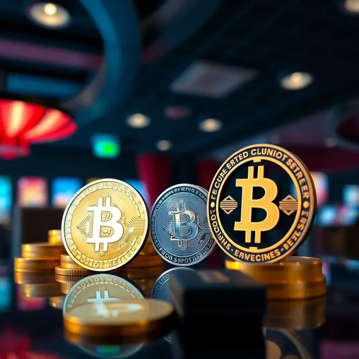 Cryptocurrency icons and secure payment symbols overlaid on a casino background