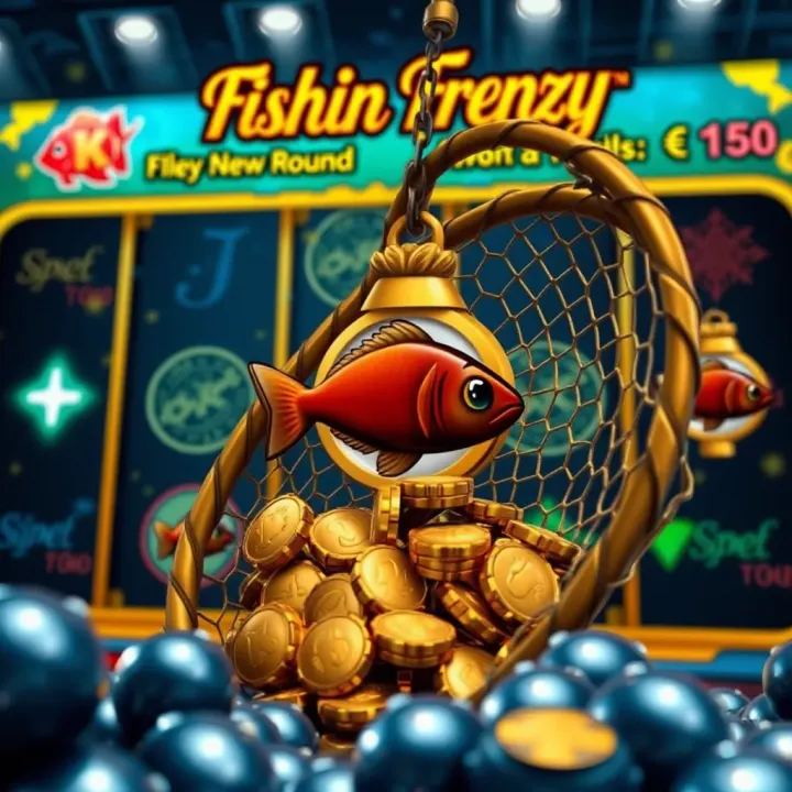 Bonus round screen featuring fishing net symbol with coins and special rewards on Fishin Frenzy slot