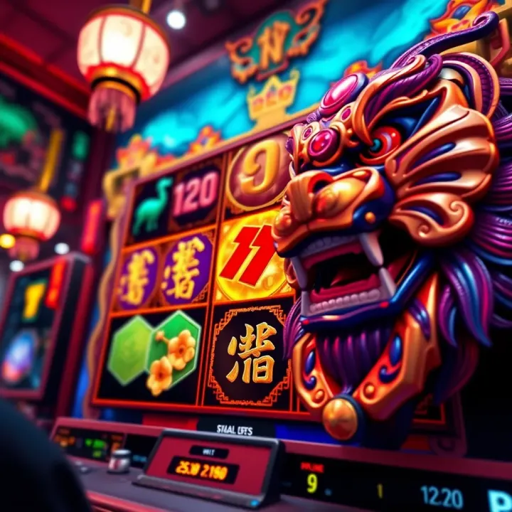 Vibrant 5 Lions slot game screen featuring traditional Asian symbols and reels in action