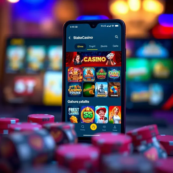User interface of the StakeCasino Android app displaying a variety of casino games on a smartphone screen