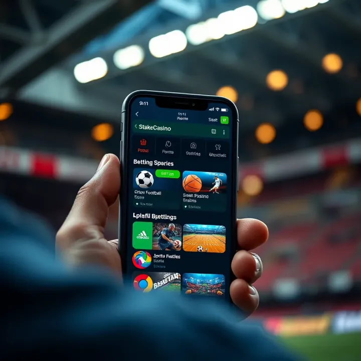 Smartphone displaying StakeCasino Sports APK interface with football and basketball betting options