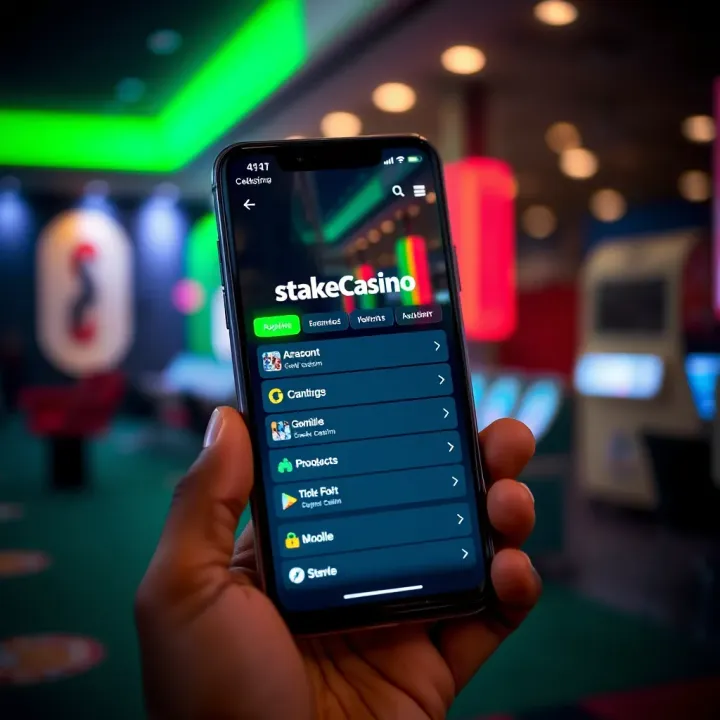 Old Mobile Version of StakeCasino Homepage on Mobile Device Mobile phone displaying the old version of StakeCasino homepage with navigation menu visible