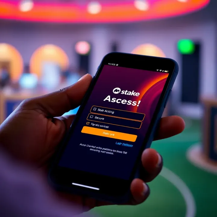Mobile phone screen displaying StakeCasino login interface with secure access options