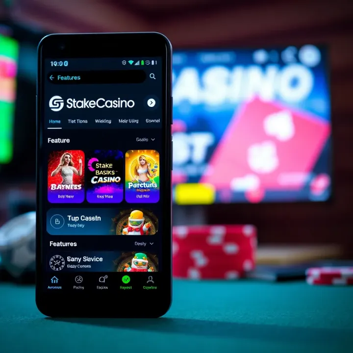 Interface showcasing the StakeCasino Android app features and betting options