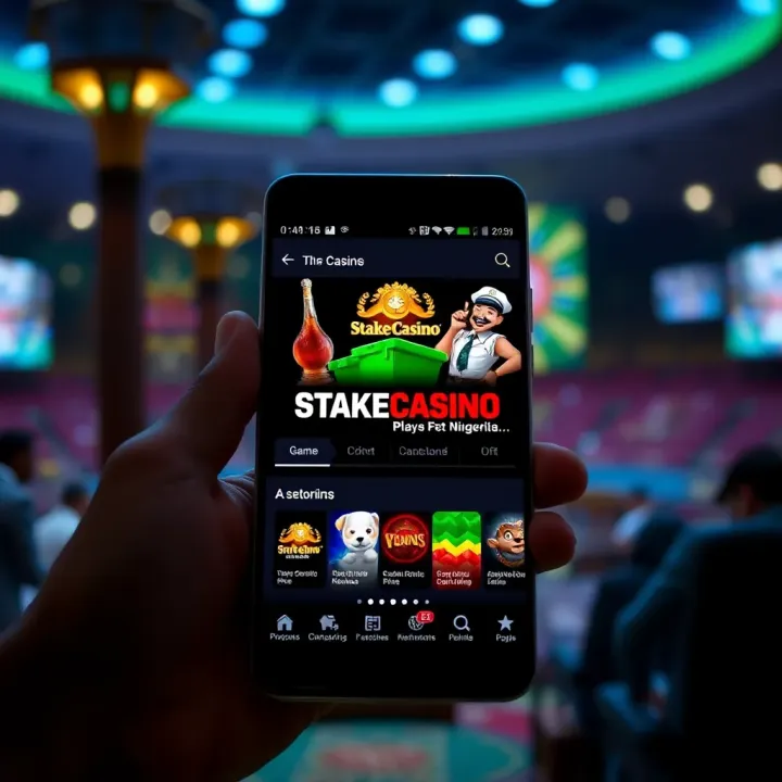 StakeCasino Nigeria App Interface on Mobile Device Mobile phone displaying StakeCasino Nigeria app interface with game selection
