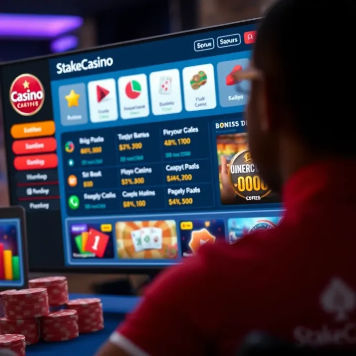 A digital dashboard showing StakeCasino promo codes and bonus offers
