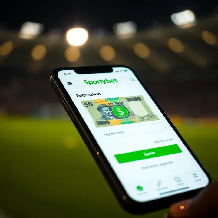 User interface showing SportyBet registration form on a smartphone with Nigerian currency symbol