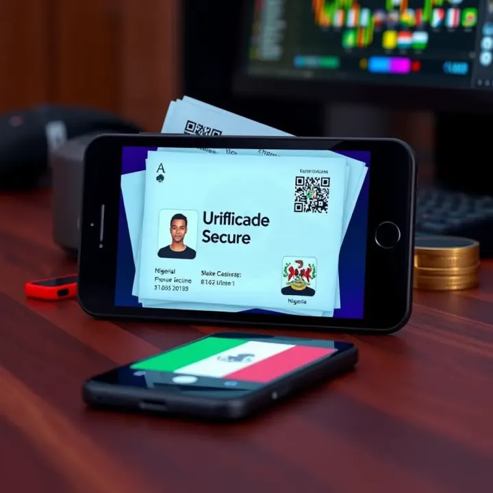 Graphic showing secure verification with ID documents and mobile device featuring Nigerian flag