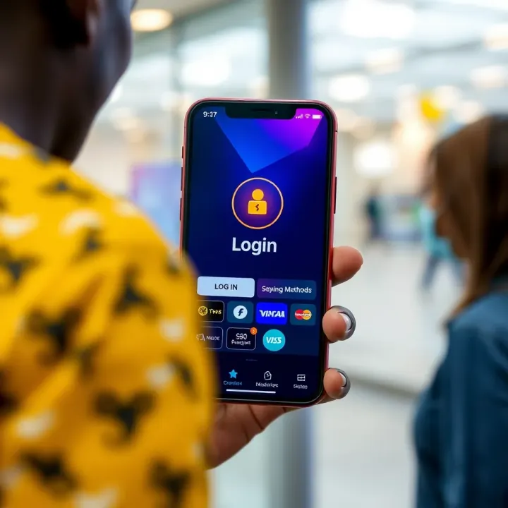 User interacting with StakeCasino app showing login screen and payment option icons for seamless access
