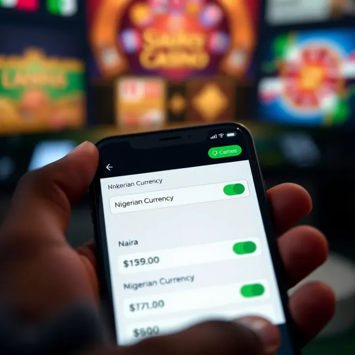 Mobile device displaying StakeCasino app interface with Nigerian Naira currency options