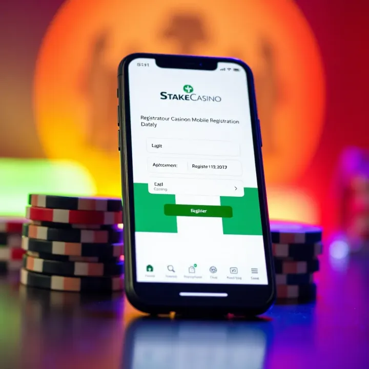 Smartphone displaying StakeCasino mobile registration screen with Nigerian flag colors