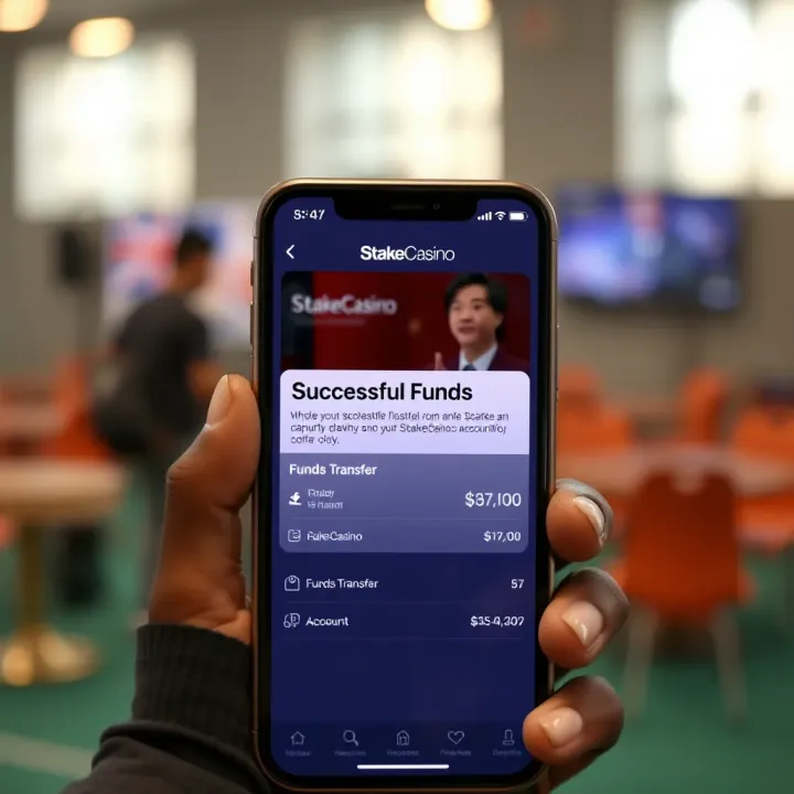 Mobile phone showing successful funds transfer notification from StakeCasino account