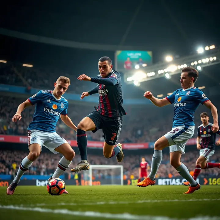 Dynamic football match in European top league stadium with players contesting ball possession