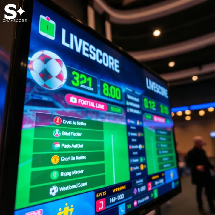Live football match scoreboard on a digital screen showing real-time updates