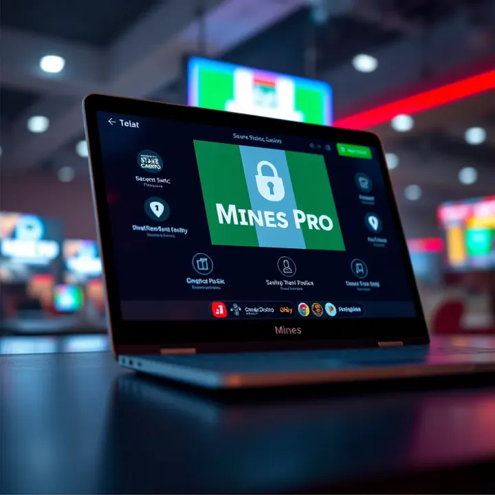 Laptop screen displaying Mines Pro StakeCasino with security icons and Nigerian flag