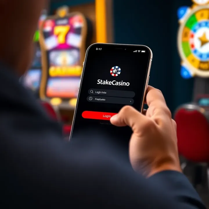 User interacting with the StakeCasino mobile app interface displaying login screen and navigation menu