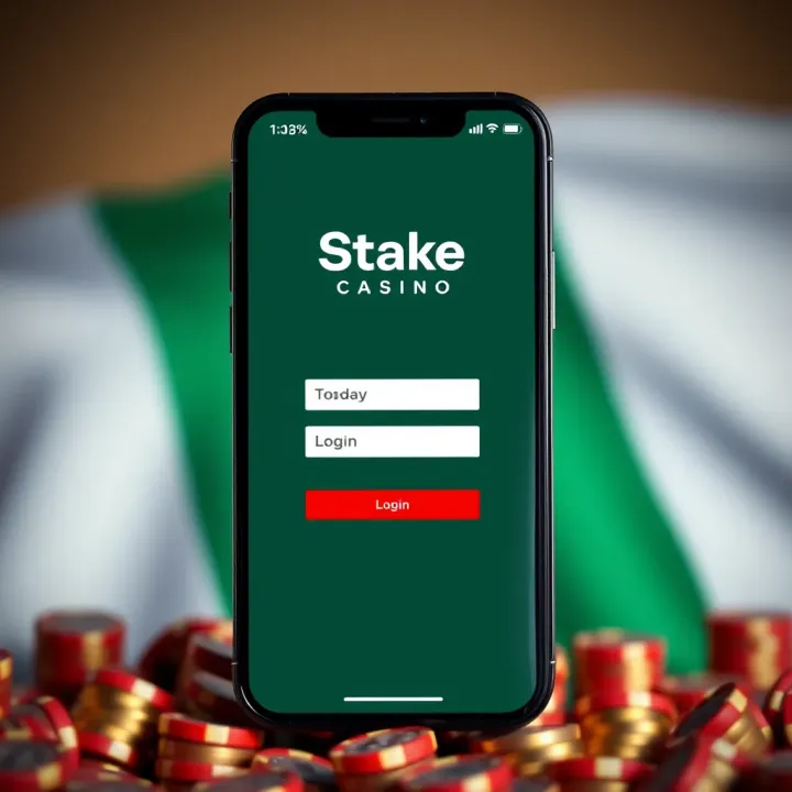 Mobile device displaying StakeCasino login screen with Nigerian flag background