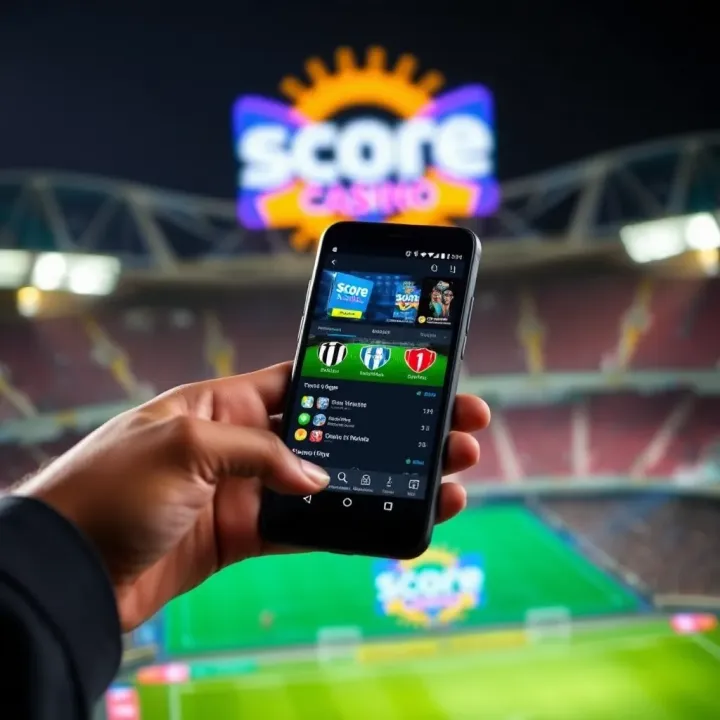 Mobile device displaying the Score StakeCasino app interface with betting options and odds