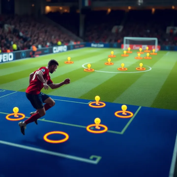 Football pitch with highlighted player positions and performance heatmaps