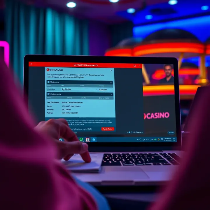 Verification documents being reviewed on a laptop screen for StakeCasino account
