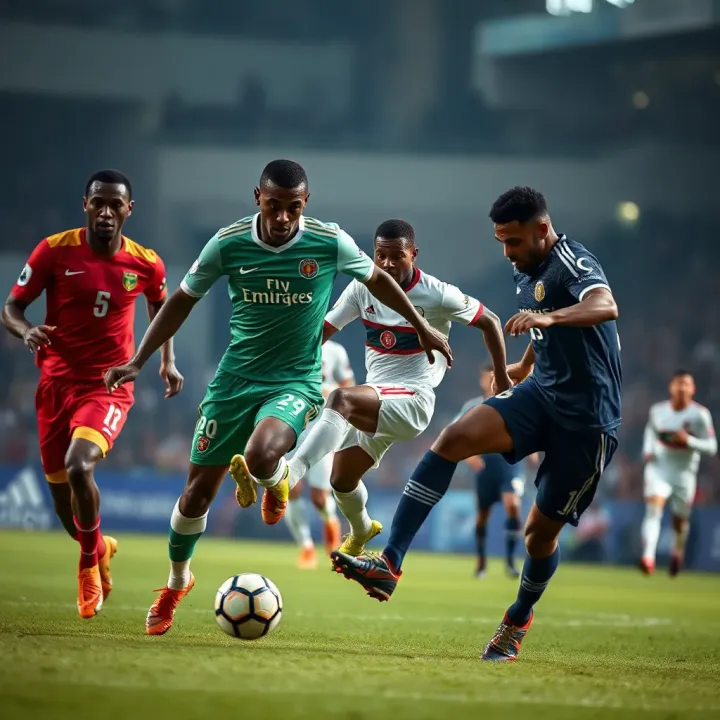 African football players competing fiercely during an intense Africa Cup of Nations match