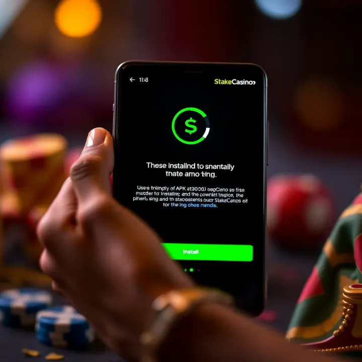 Mobile device showing progress of StakeCasino APK installation with user-friendly prompts