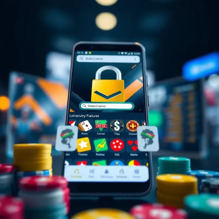 Illustration of a mobile device highlighting key features of the StakeCasino app including security and user-friendly navigation