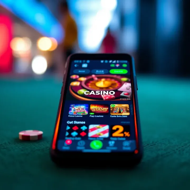 Smartphone displaying StakeCasino app home screen with vibrant gaming graphics
