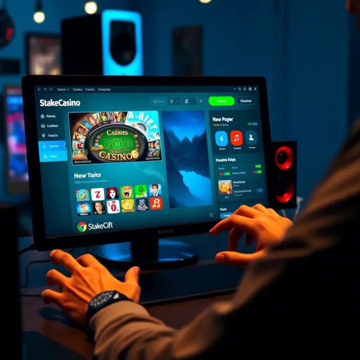 User navigating the StakeCasino app on a desktop showing game options and betting features
