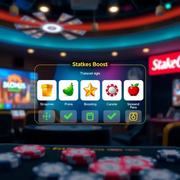 Strategies and Benefits of Using StakeCasino Boosts Illustration of strategic gameplay with icons representing various StakeCasino Boost types