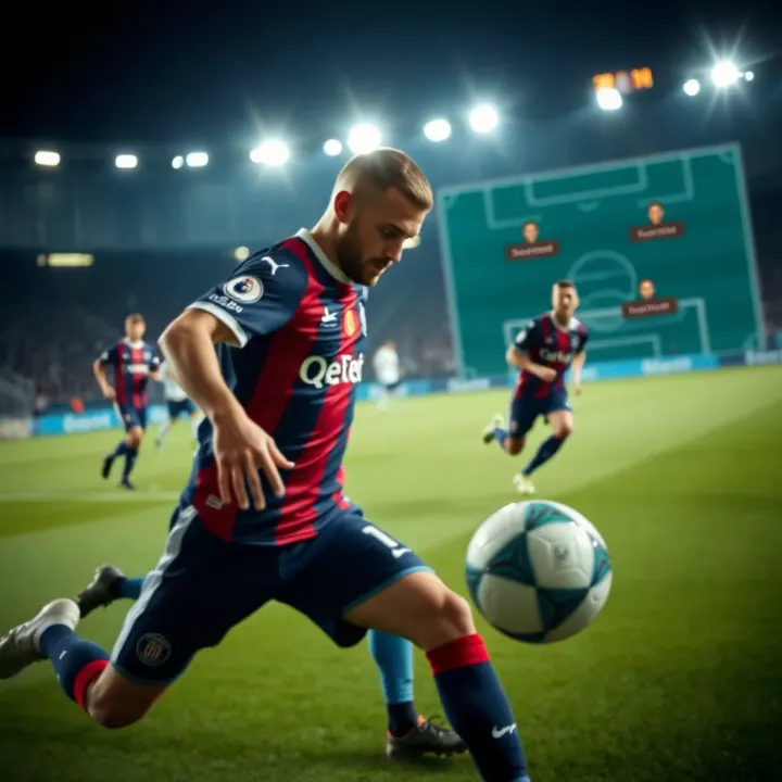 Close-up of a footballer focusing on the ball while dribbling past opponents with tactical formation graphics overlay