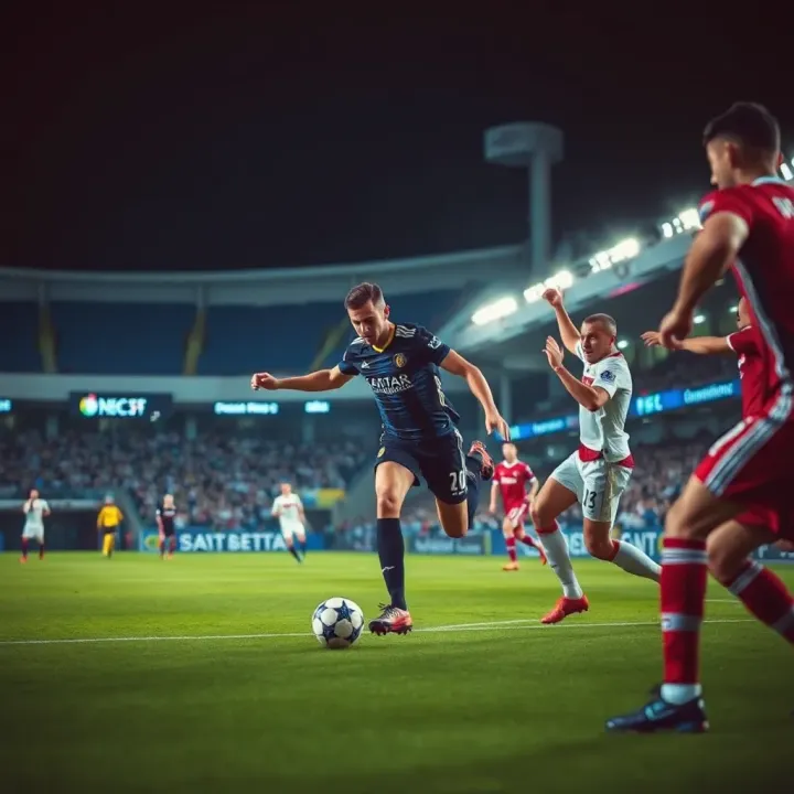 Soccer players competing intensely during a Champions League match under stadium lights