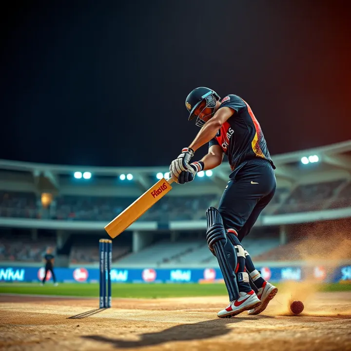 Cricket batsman hitting a powerful shot during an IPL match under stadium lights
