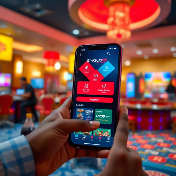 User interface of StakeCasino app showing registration screen and gaming options