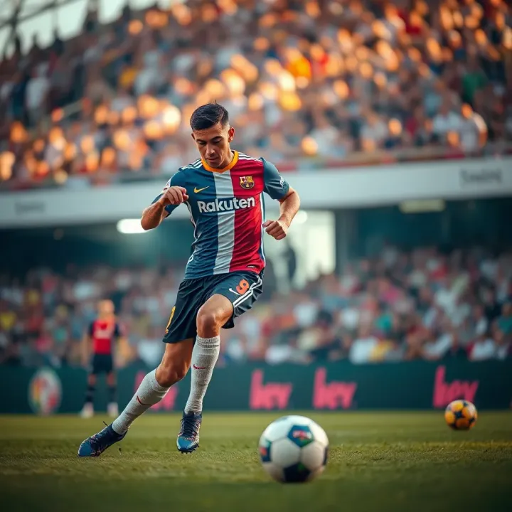 Close-up of a football player dribbling the ball during a La Liga match