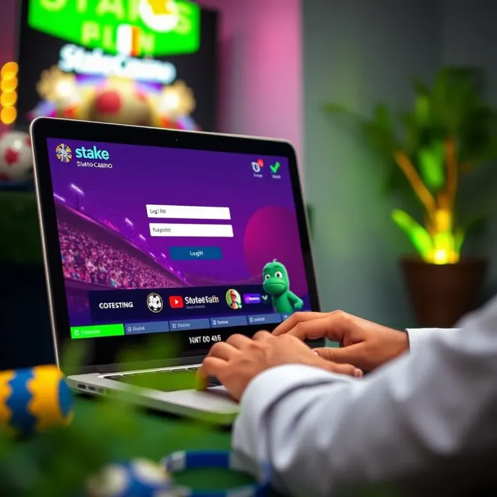 User logging into StakeCasino sports betting platform on a laptop screen