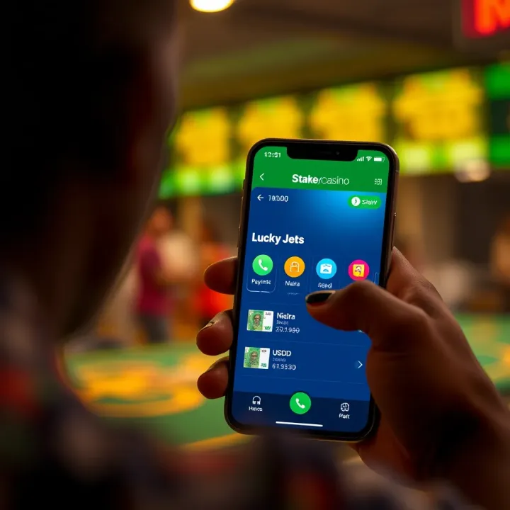 Mobile phone displaying StakeCasino's payment options with Nigerian Naira and USSD service icons