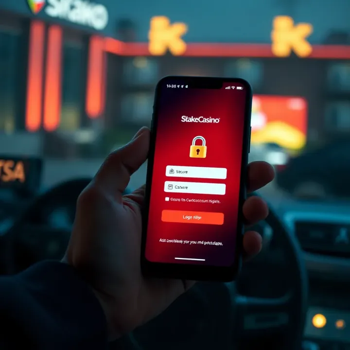 Secure Mobile Access to StakeCasino Platform Mobile phone displaying StakeCasino app interface with secure login screen