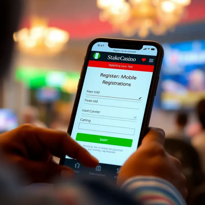 Mobile screen displaying StakeCasino registration form with fields filled for Nigerian users