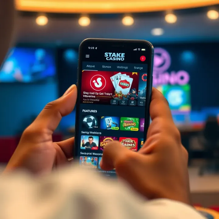 User navigating the StakeCasino NG app menu showing various gaming options on a smartphone